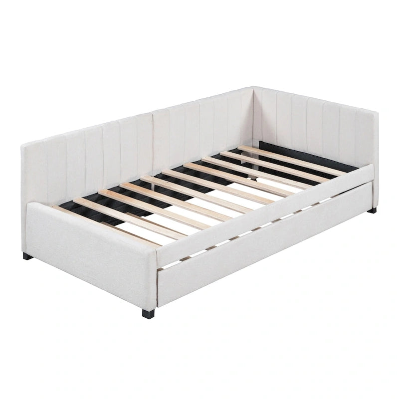 Divano Letto in Lino Beige Semichiuso con Letto Estraibile, 2 Posti
