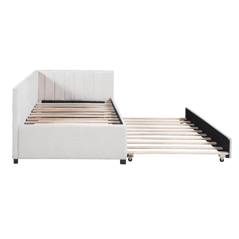 Divano Letto in Lino Beige Semichiuso con Letto Estraibile, 2 Posti