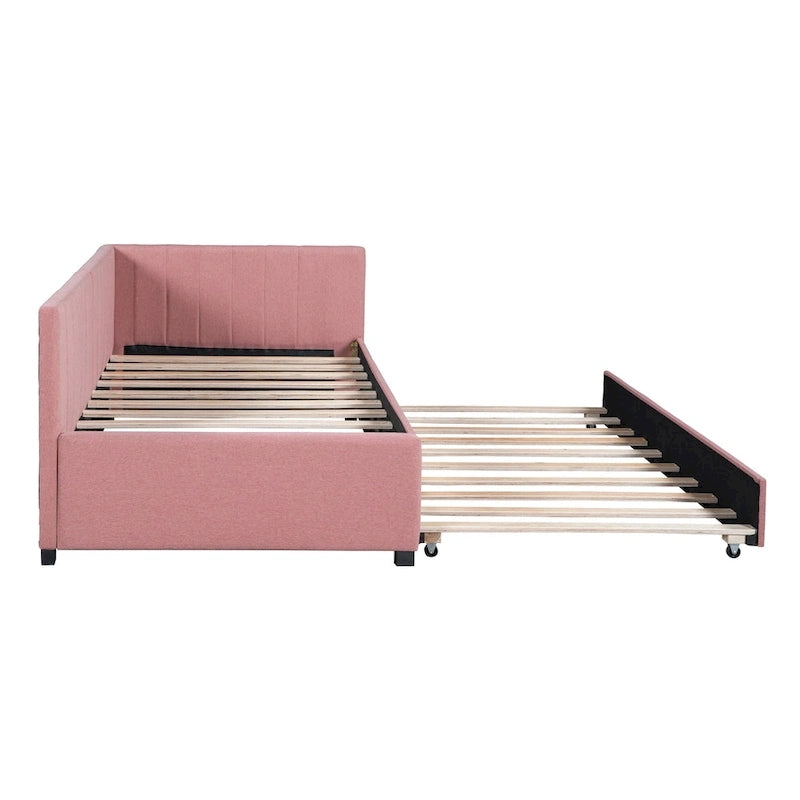 Divano Letto in Lino Beige Semichiuso con Letto Estraibile, 2 Posti