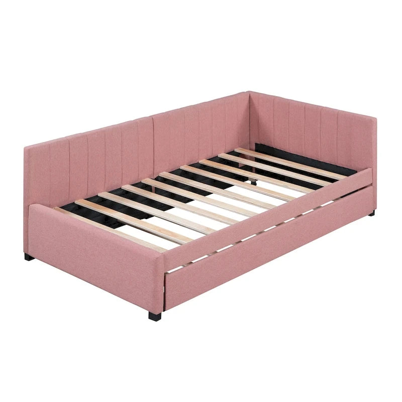Divano Letto in Lino Beige Semichiuso con Letto Estraibile, 2 Posti