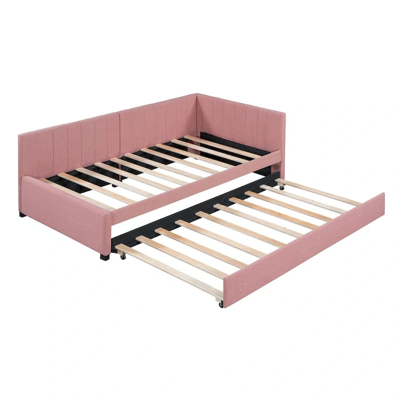 Divano Letto in Lino Beige Semichiuso con Letto Estraibile, 2 Posti