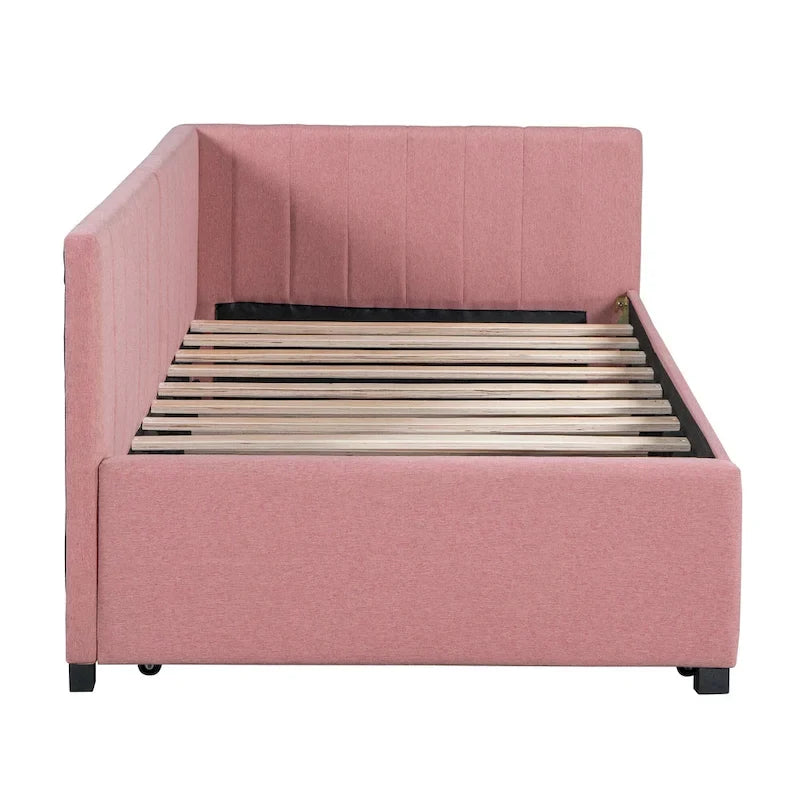 Divano Letto in Lino Beige Semichiuso con Letto Estraibile, 2 Posti