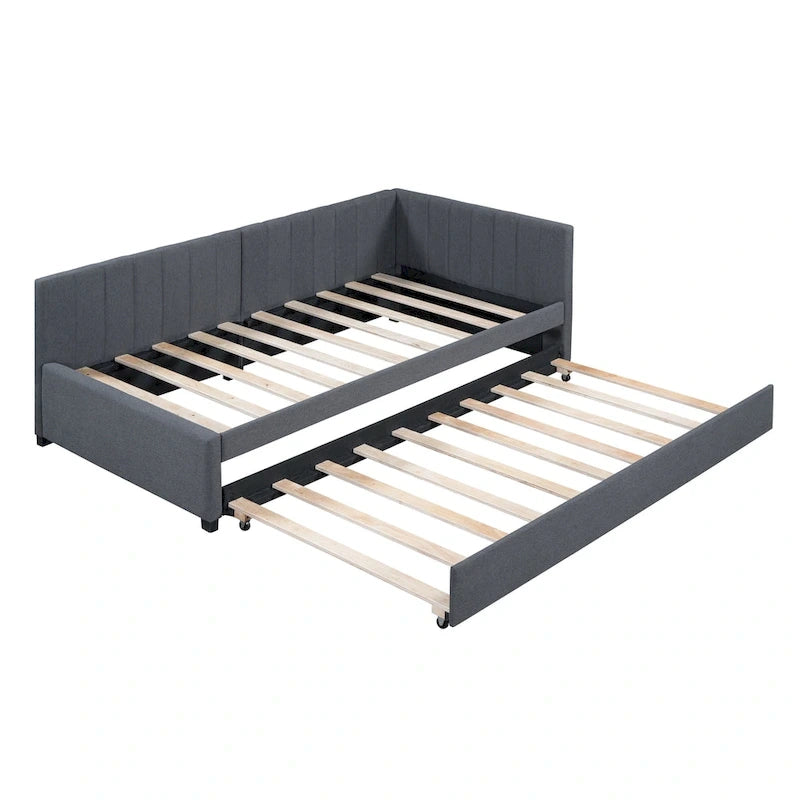 Divano Letto in Lino Beige Semichiuso con Letto Estraibile, 2 Posti