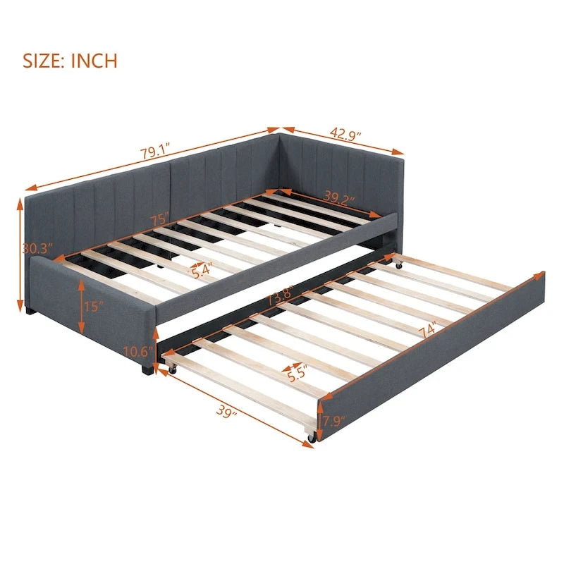 Divano Letto in Lino Beige Semichiuso con Letto Estraibile, 2 Posti