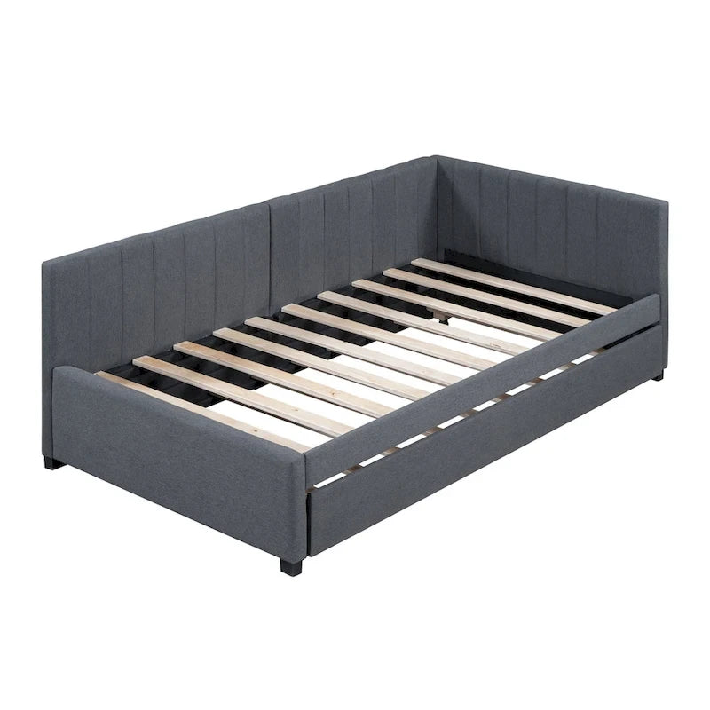 Divano Letto in Lino Beige Semichiuso con Letto Estraibile, 2 Posti