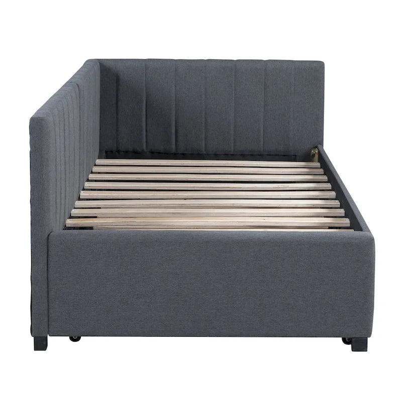 Divano Letto in Lino Beige Semichiuso con Letto Estraibile, 2 Posti