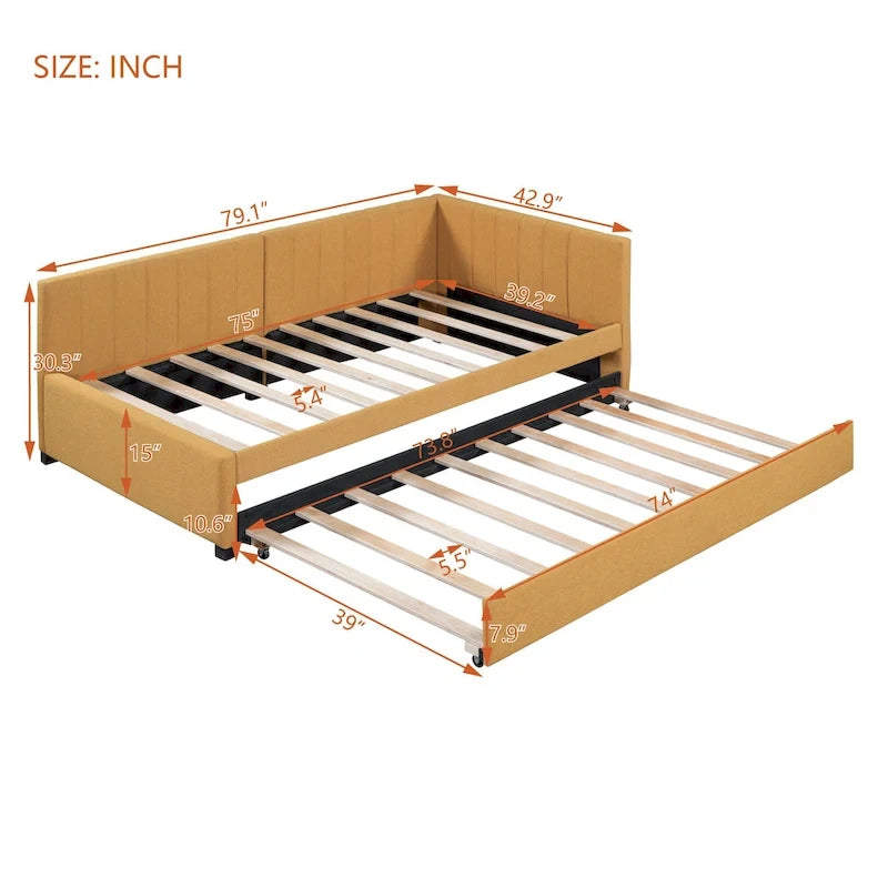 Divano Letto in Lino Beige Semichiuso con Letto Estraibile, 2 Posti