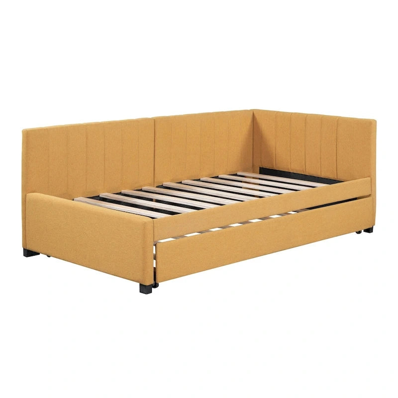 Divano Letto in Lino Beige Semichiuso con Letto Estraibile, 2 Posti