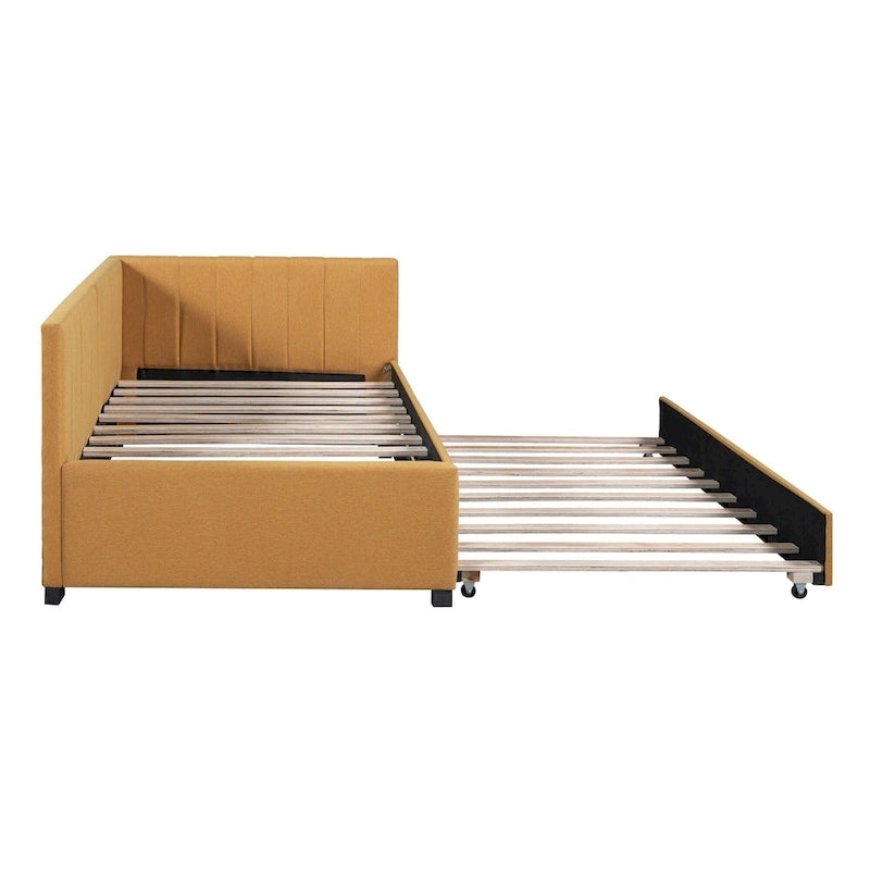 Divano Letto in Lino Beige Semichiuso con Letto Estraibile, 2 Posti