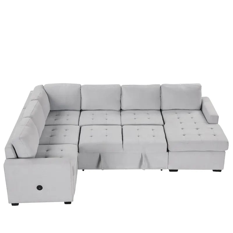 Divano Letto Sezionale Grigio in Ciniglia con Letto Estraibile e Poltrona Reclinabile, USB e Type-C, Posti a Sedere 3-4
