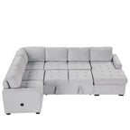 Divano Letto Sezionale Grigio in Ciniglia con Letto Estraibile e Poltrona Reclinabile, USB e Type-C, Posti a Sedere 3-4