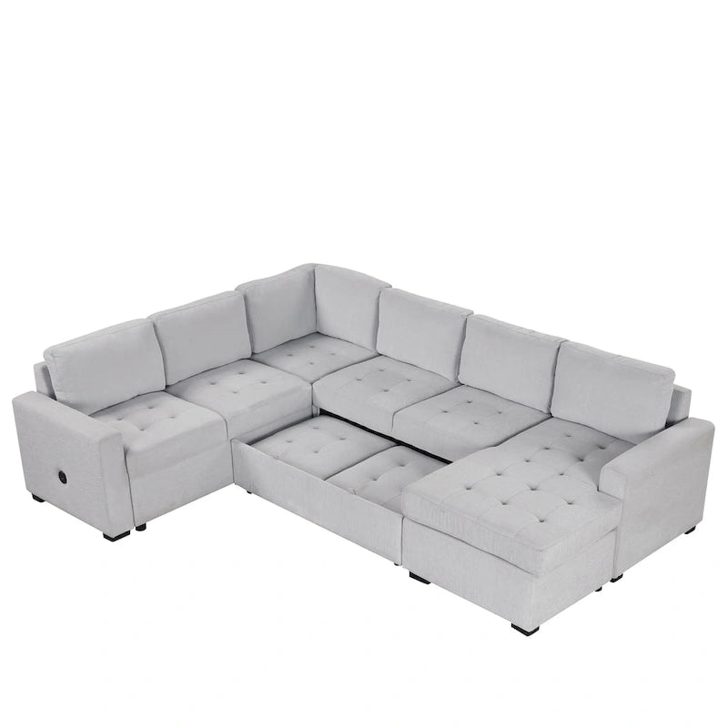 Divano Letto Sezionale Grigio in Ciniglia con Letto Estraibile e Poltrona Reclinabile, USB e Type-C, Posti a Sedere 3-4