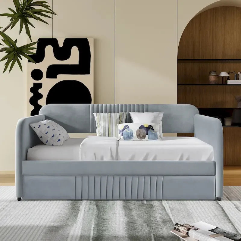 Letto a giorno gemello in velluto grigio con letto estraibile, per 1-2 persone