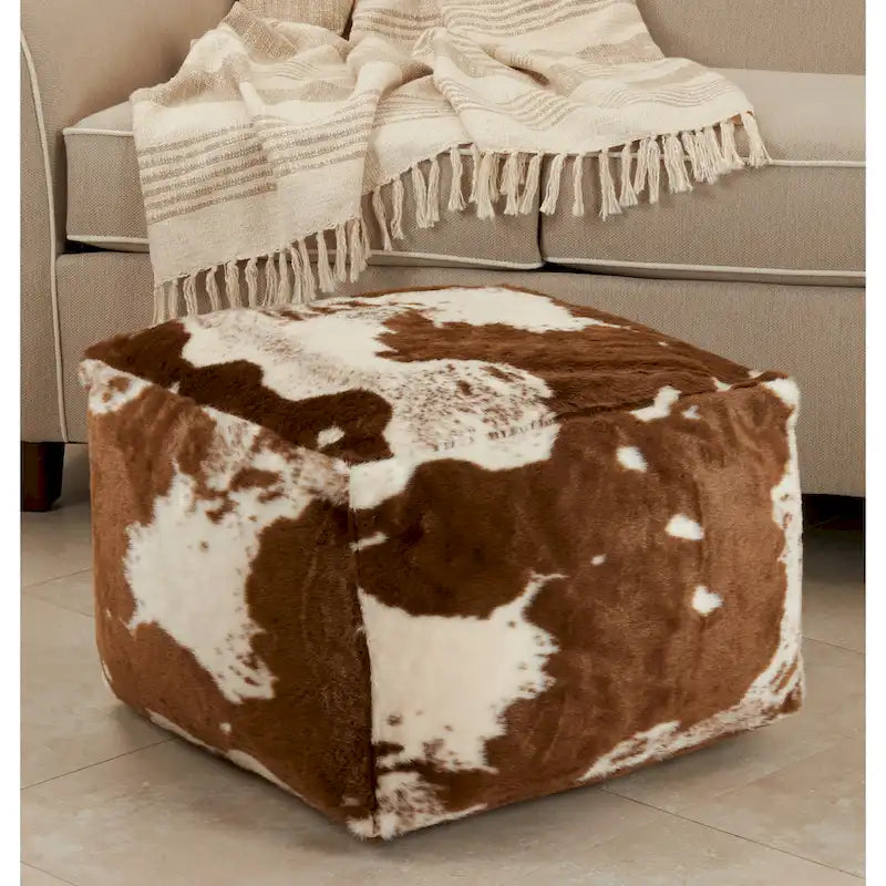 Pouf rotondo in finto pelo di mucca, marrone/nero, 1 posto
