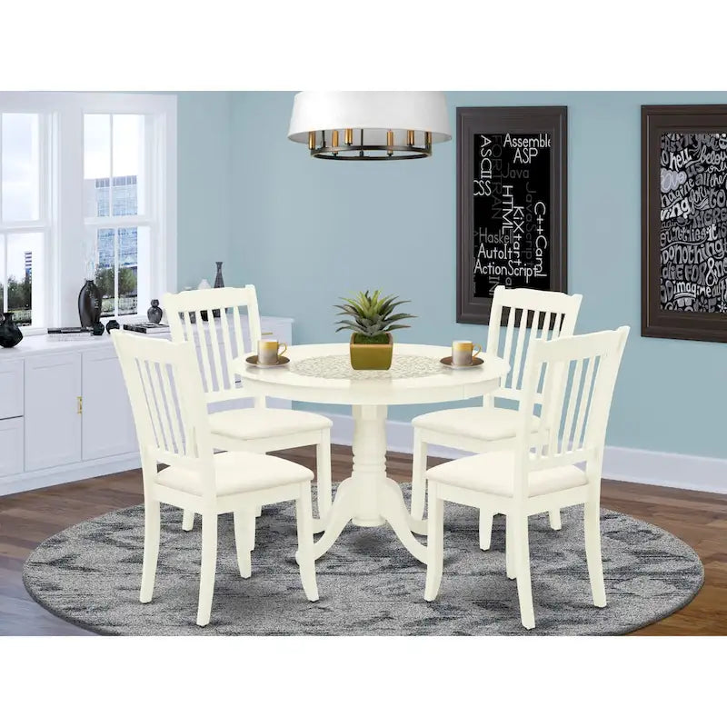 Set tavolo da pranzo rotondo e quadrato lino bianco / mogano, 3 o 5 posti