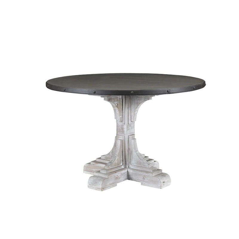 Tavolo da pranzo rotondo bianco lavato/marrone scuro, base a piedistallo, 2 posti