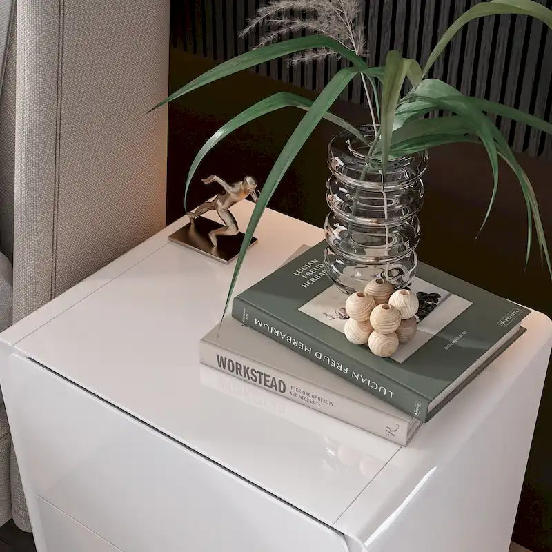Comodino bianco/marrone lucido con LED e 2 cassetti