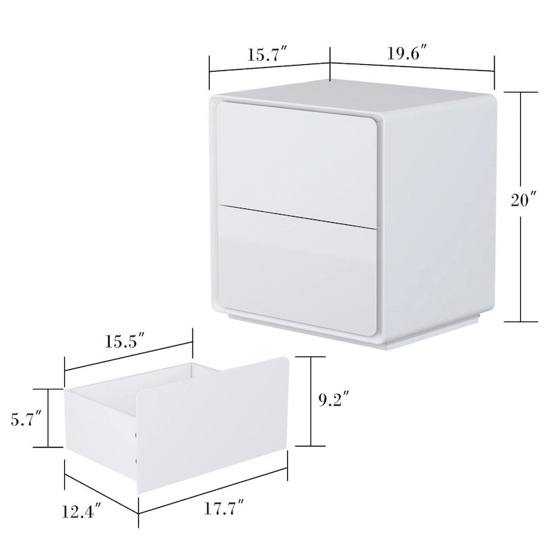 Comodino bianco/marrone lucido con LED e 2 cassetti