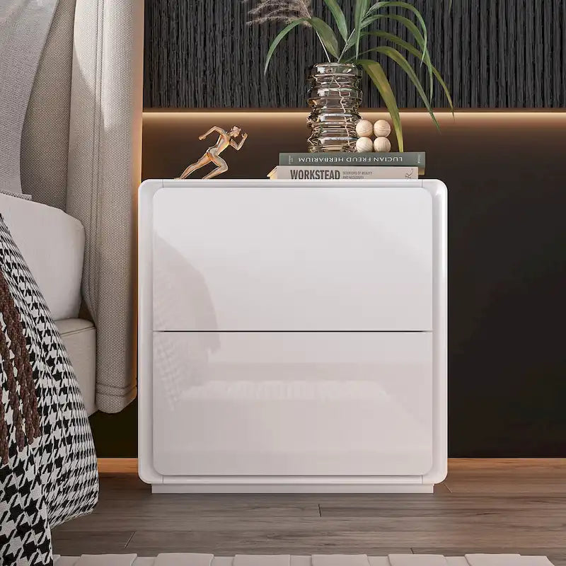 Comodino bianco/marrone lucido con LED e 2 cassetti