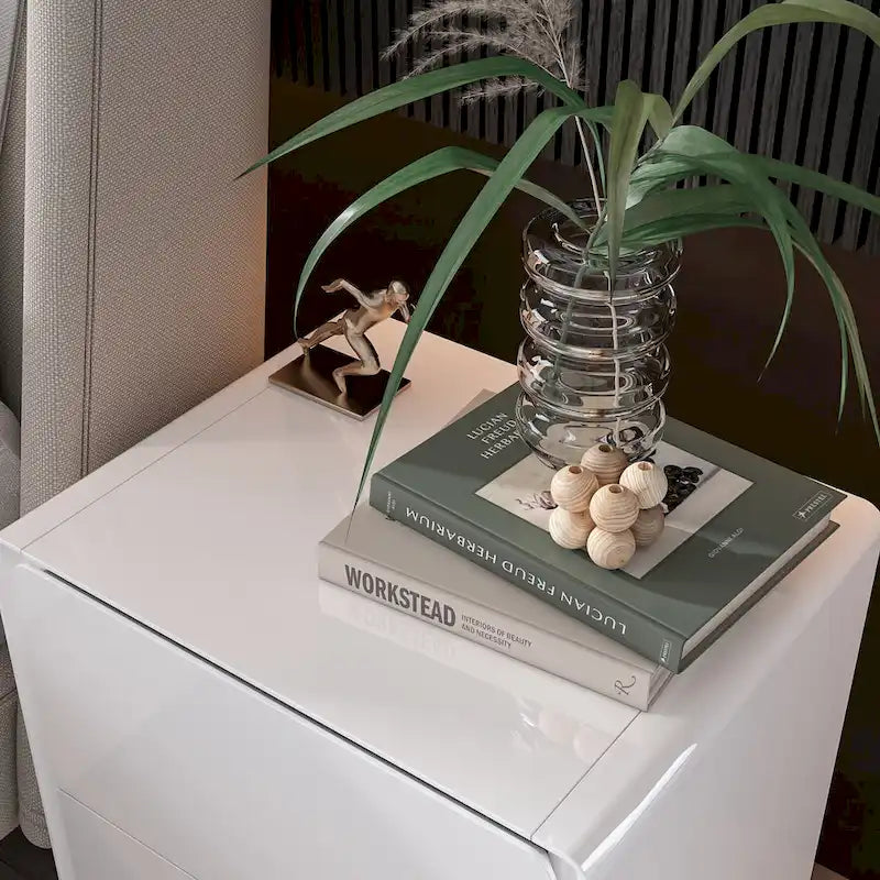 Comodino bianco/marrone lucido con LED e 2 cassetti