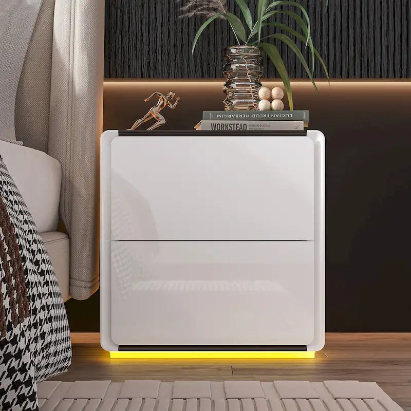 Comodino bianco/marrone lucido con LED e 2 cassetti