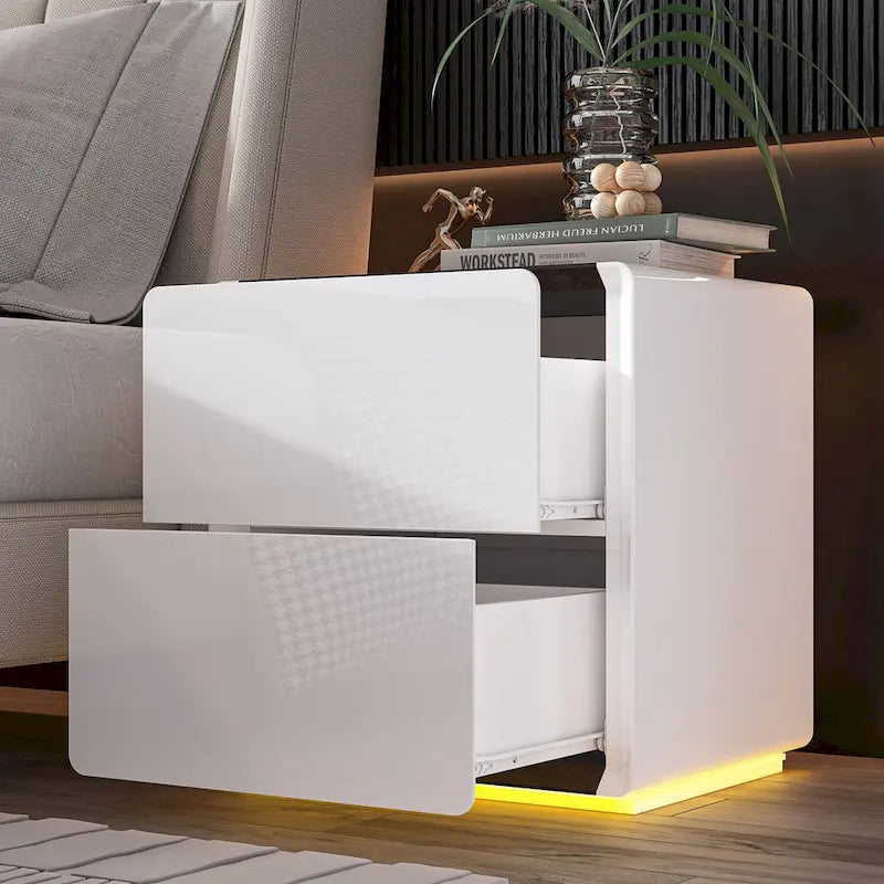 Comodino bianco/marrone lucido con LED e 2 cassetti