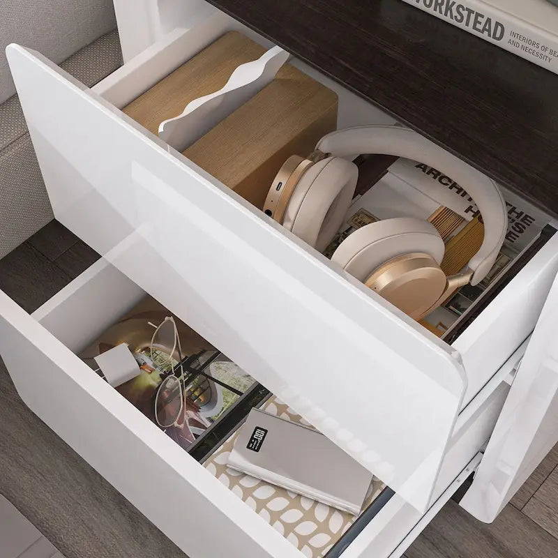 Comodino bianco/marrone lucido con LED e 2 cassetti