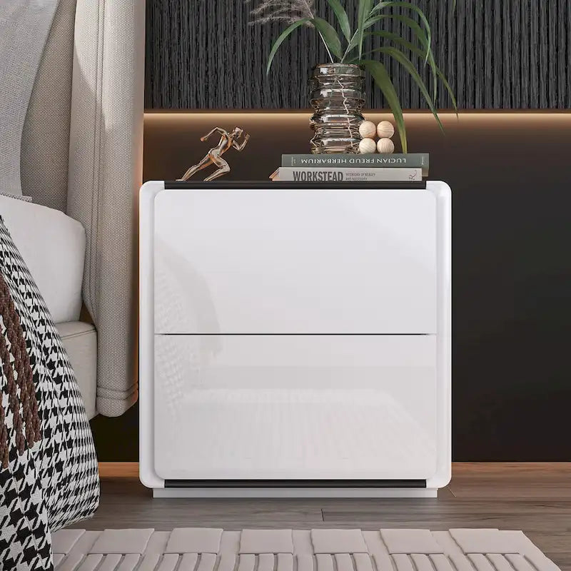 Comodino bianco/marrone lucido con LED e 2 cassetti