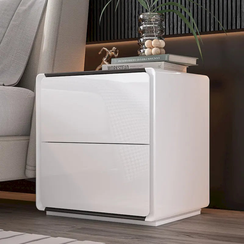 Comodino bianco/marrone lucido con LED e 2 cassetti