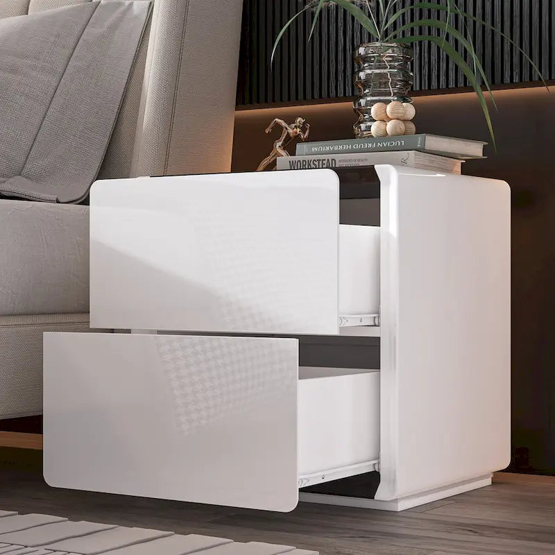 Comodino bianco/marrone lucido con LED e 2 cassetti
