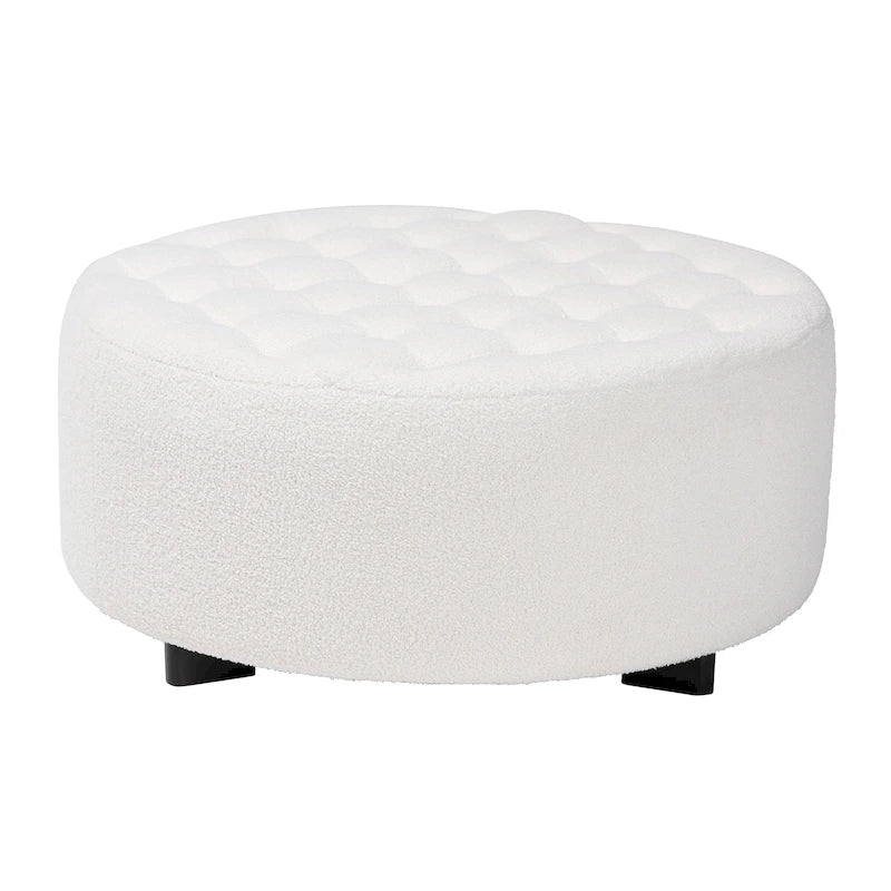 Pouf rotondo in bouclé color avorio, stile contemporaneo, seduta singola
