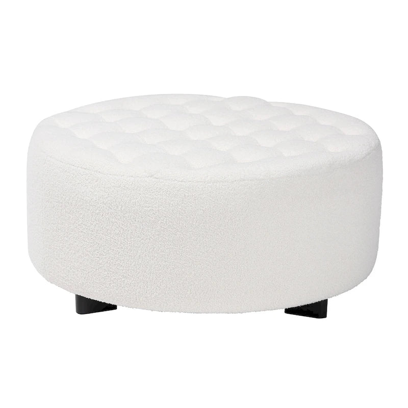 Pouf rotondo in bouclé color avorio, stile contemporaneo, seduta singola