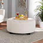 Pouf rotondo in bouclé color avorio, stile contemporaneo, seduta singola