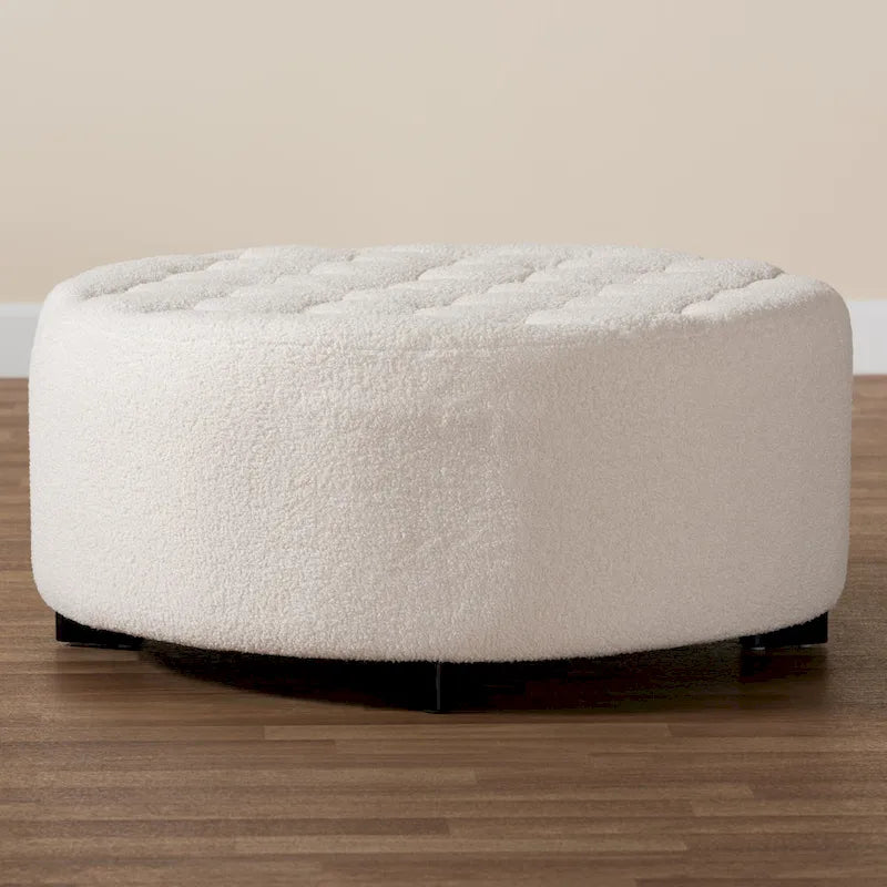 Pouf rotondo in bouclé color avorio, stile contemporaneo, seduta singola
