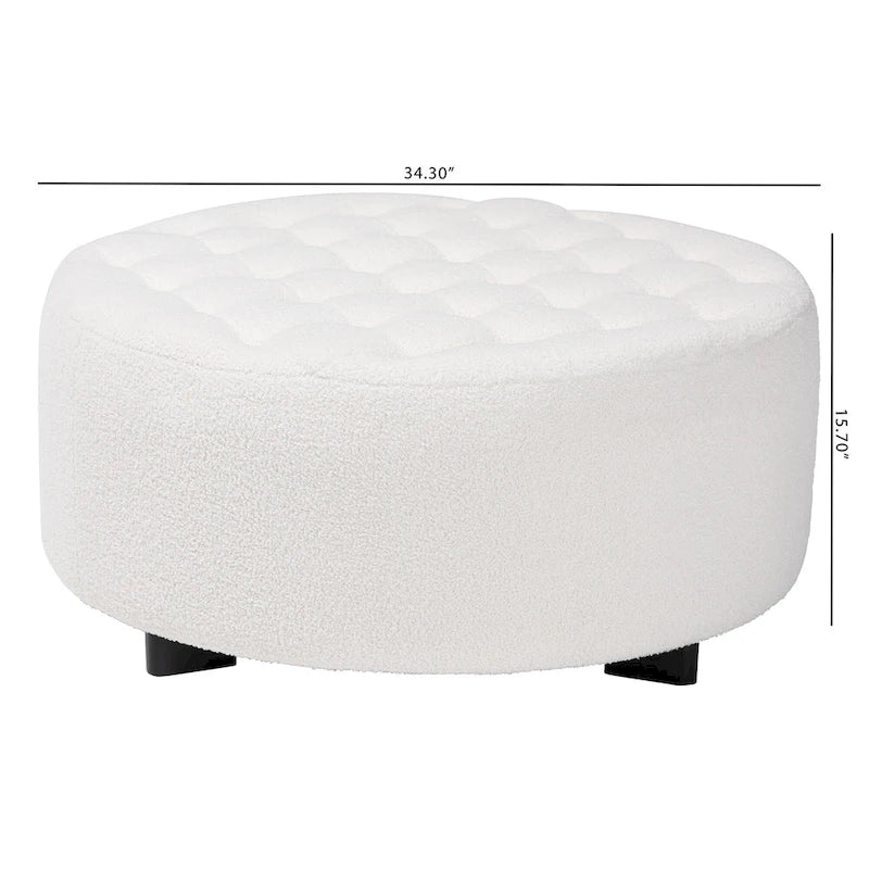 Pouf rotondo in bouclé color avorio, stile contemporaneo, seduta singola
