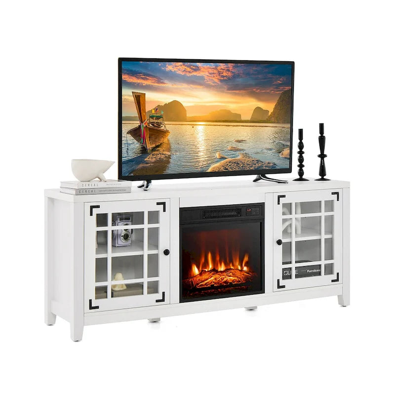 Mobile TV bianco con caminetto elettrico, 58", 1400W