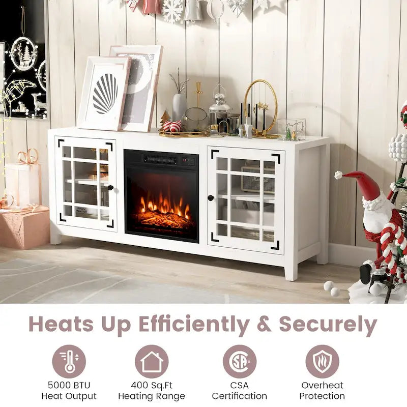 Mobile TV bianco con caminetto elettrico, 58", 1400W