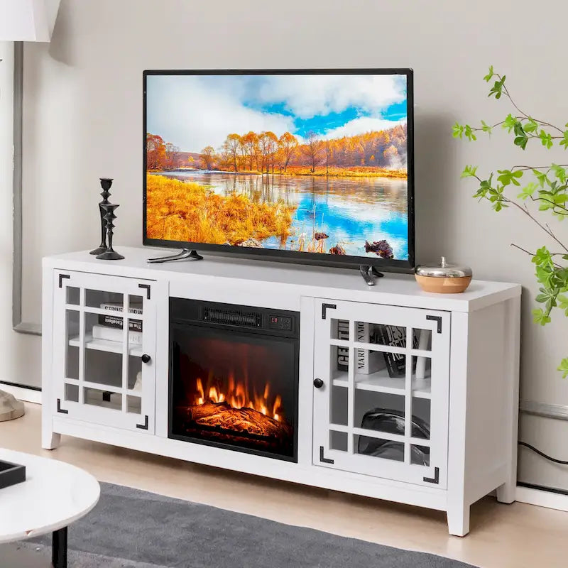 Mobile TV bianco con caminetto elettrico, 58", 1400W
