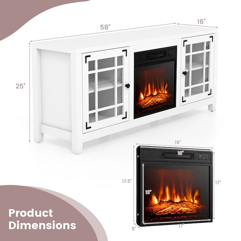 Mobile TV bianco con caminetto elettrico, 58", 1400W
