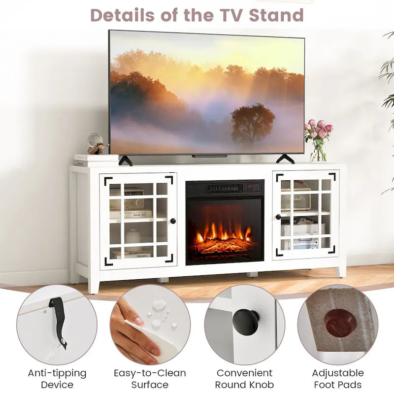 Mobile TV bianco con caminetto elettrico, 58", 1400W