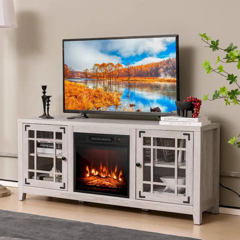 Mobile TV bianco con caminetto elettrico, 58", 1400W