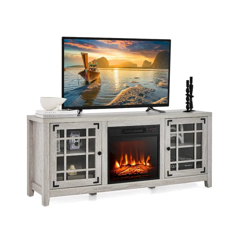 Mobile TV bianco con caminetto elettrico, 58", 1400W