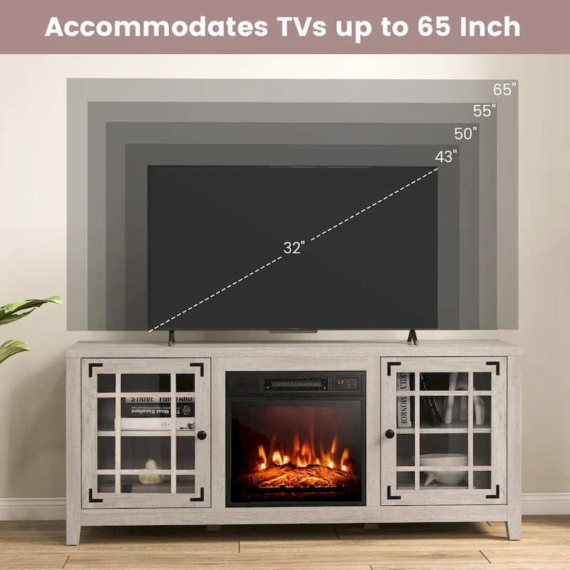 Mobile TV bianco con caminetto elettrico, 58", 1400W