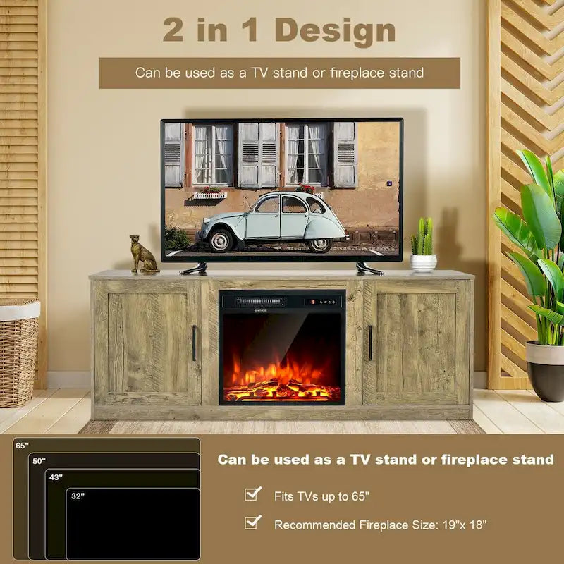 Mobile TV rustico nero/caffè/naturale con apertura per camino, adatto a TV fino a 65 pollici