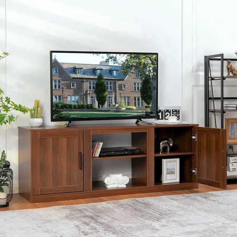 Mobile TV rustico nero/caffè/naturale con apertura per camino, adatto a TV fino a 65 pollici