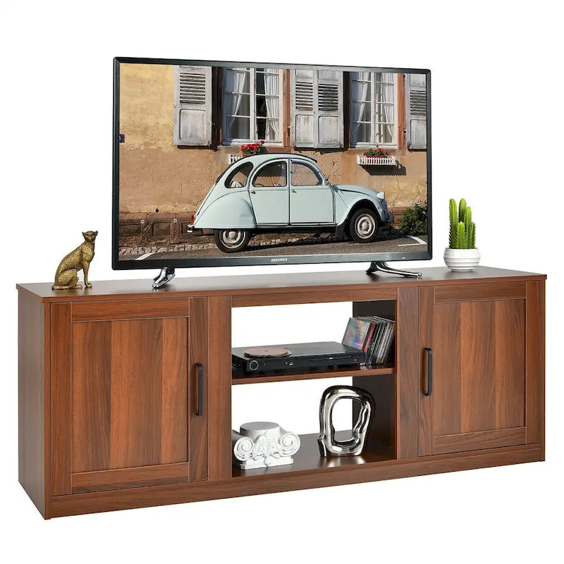 Mobile TV rustico nero/caffè/naturale con apertura per camino, adatto a TV fino a 65 pollici