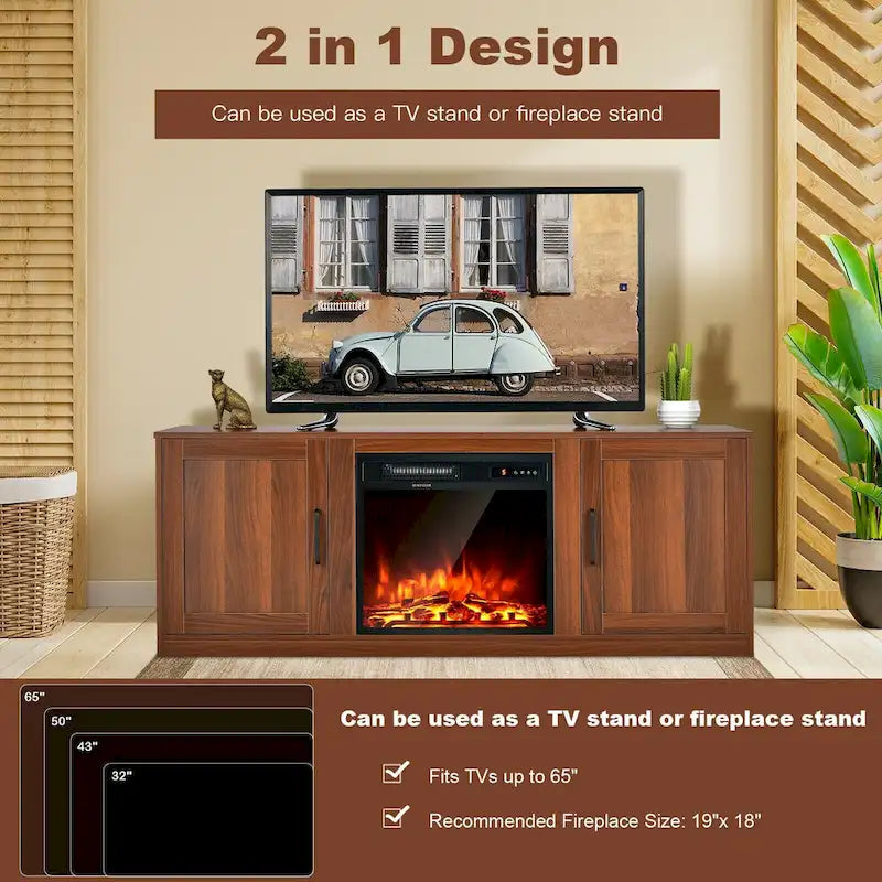 Mobile TV rustico nero/caffè/naturale con apertura per camino, adatto a TV fino a 65 pollici