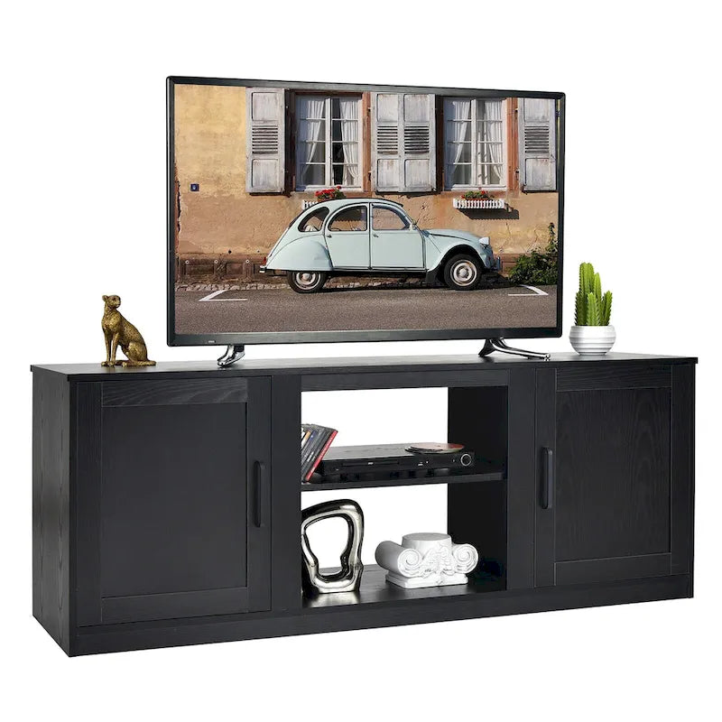 Mobile TV rustico nero/caffè/naturale con apertura per camino, adatto a TV fino a 65 pollici