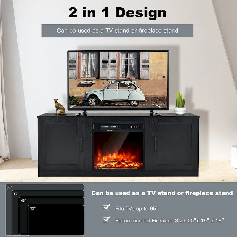 Mobile TV rustico nero/caffè/naturale con apertura per camino, adatto a TV fino a 65 pollici