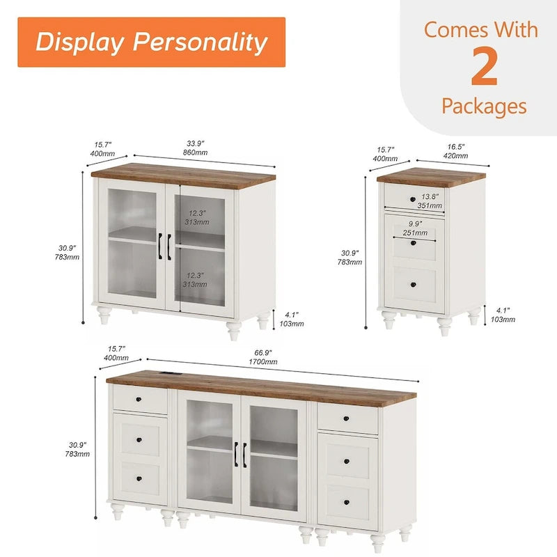 Mobile TV 3-in-1 e Set Tavolino Off White, Stile Mid-Century, Adatto fino a 75"